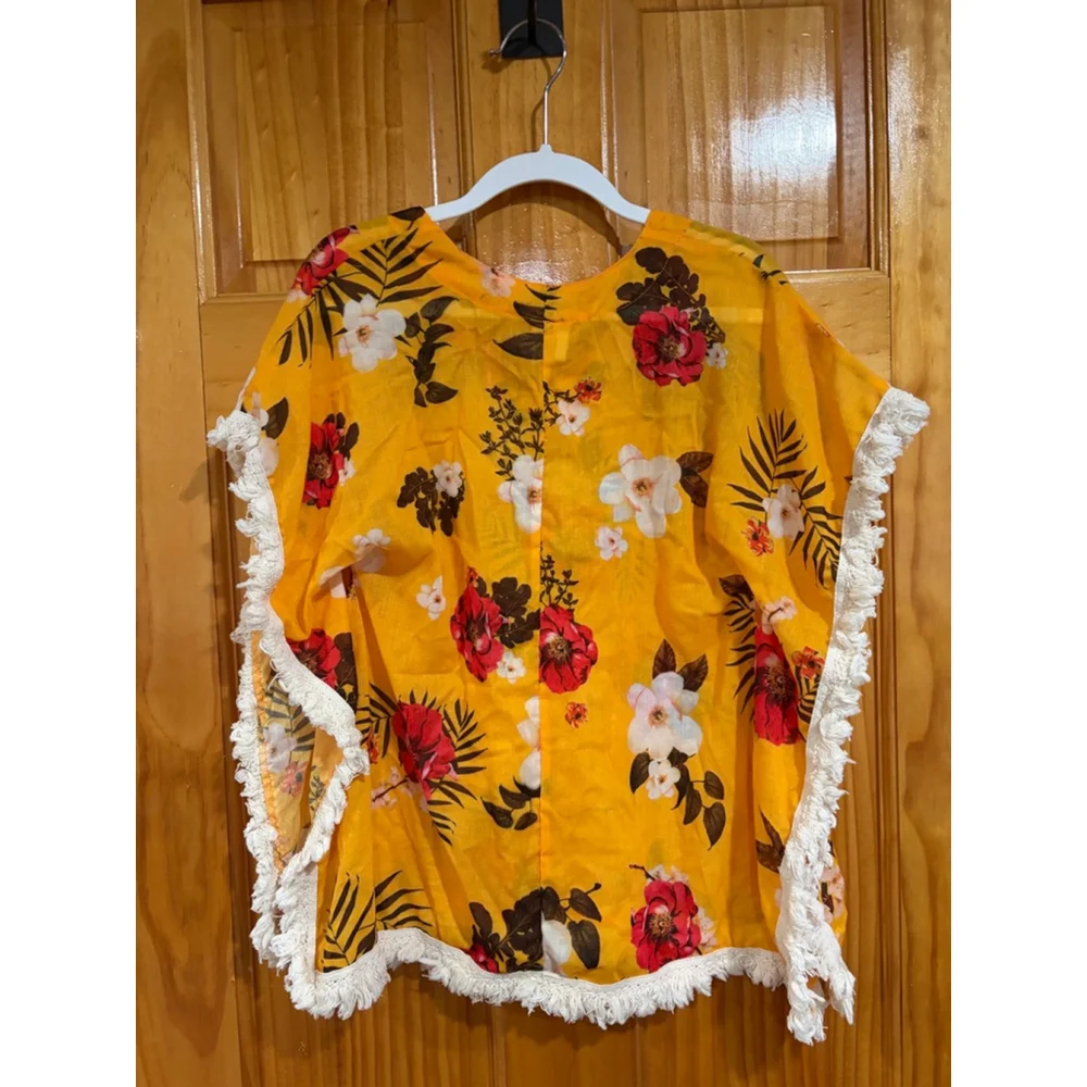 Agua Bendita Kids Floral Tunic Top Yellow Fringe Trim Size 4 (Missing Tie)